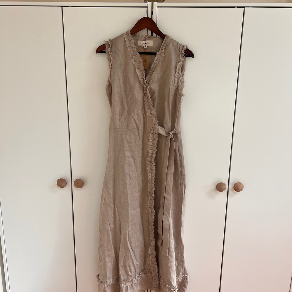 100% Linen Majula Handmade European Elegant Tan Sleeveless Dress M